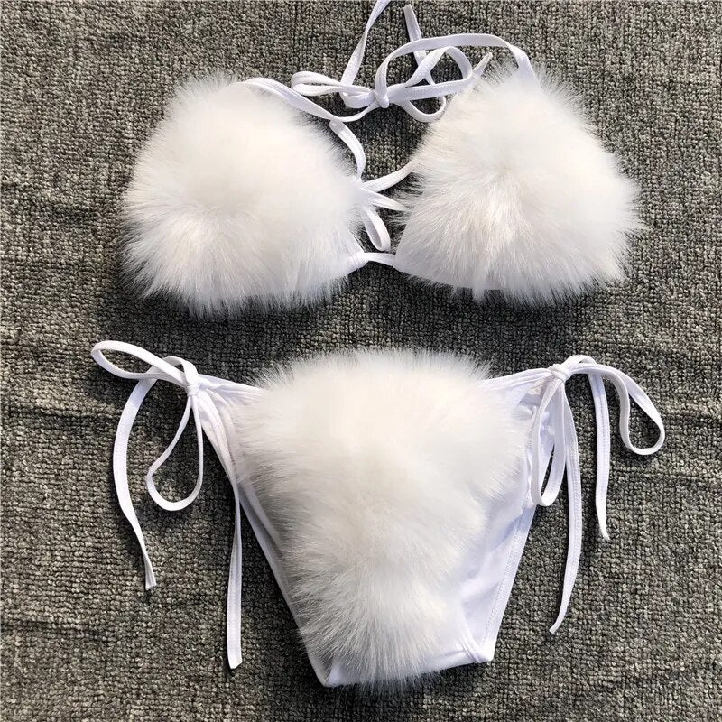 2024 Woman Sexy Bikini Swimsuit 2 piece Set Summer Fur Swimwear Bikini Set Adjustable Bra Cute Girls Beach Bikini Bathing Suits