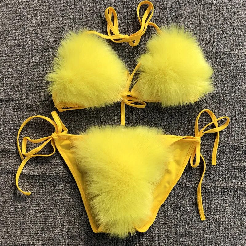 2024 Woman Sexy Bikini Swimsuit 2 piece Set Summer Fur Swimwear Bikini Set Adjustable Bra Cute Girls Beach Bikini Bathing Suits