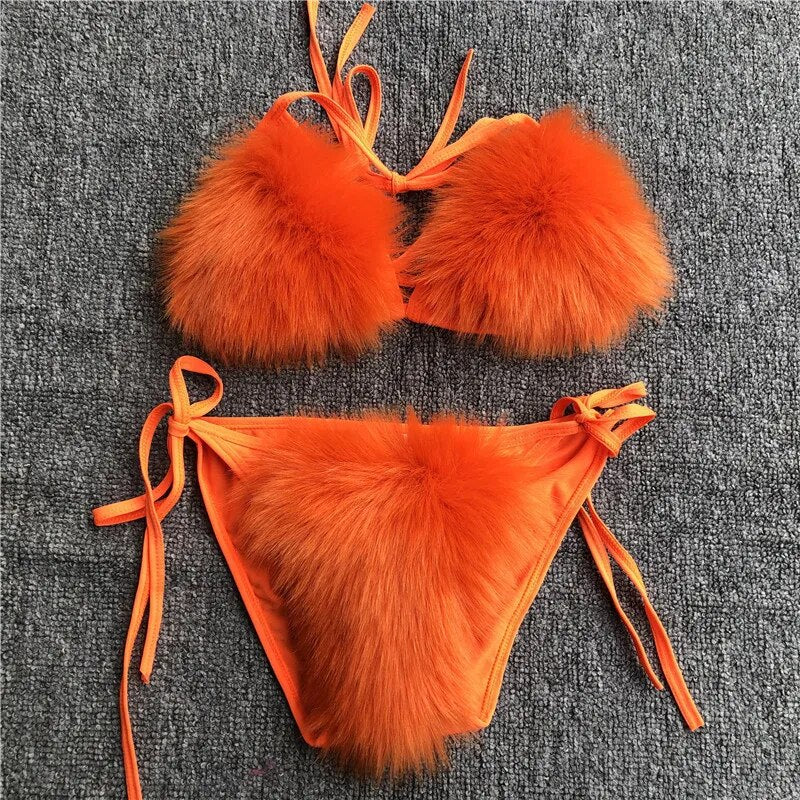 2024 Woman Sexy Bikini Swimsuit 2 piece Set Summer Fur Swimwear Bikini Set Adjustable Bra Cute Girls Beach Bikini Bathing Suits