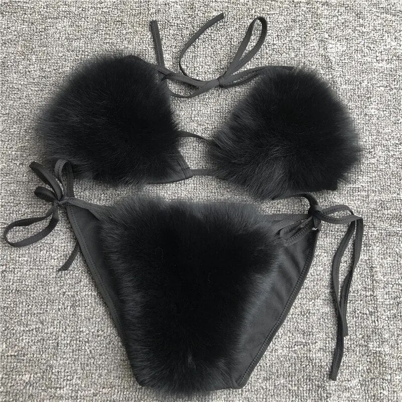 2024 Woman Sexy Bikini Swimsuit 2 piece Set Summer Fur Swimwear Bikini Set Adjustable Bra Cute Girls Beach Bikini Bathing Suits