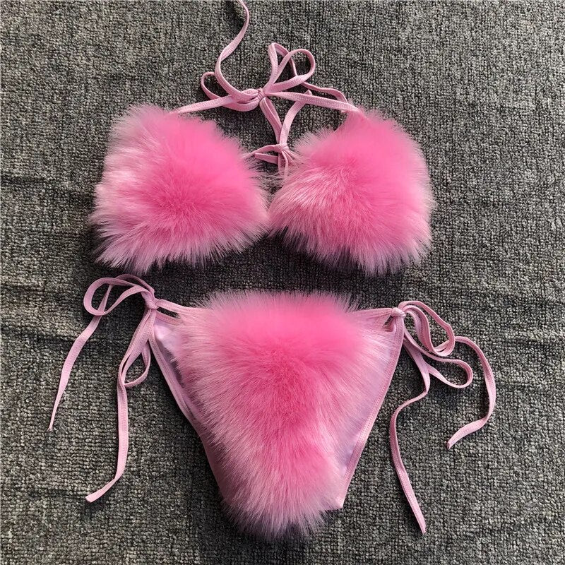 2024 Woman Sexy Bikini Swimsuit 2 piece Set Summer Fur Swimwear Bikini Set Adjustable Bra Cute Girls Beach Bikini Bathing Suits