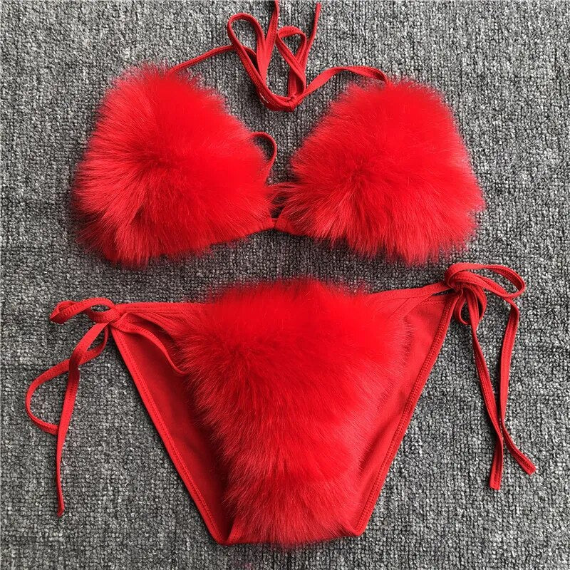 2024 Woman Sexy Bikini Swimsuit 2 piece Set Summer Fur Swimwear Bikini Set Adjustable Bra Cute Girls Beach Bikini Bathing Suits