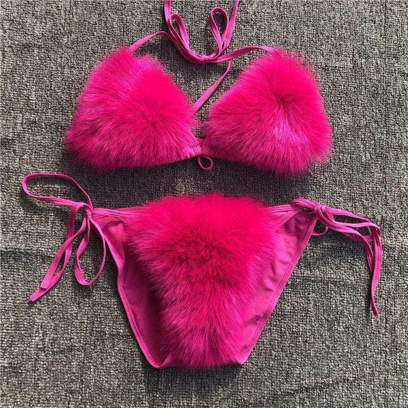 2024 Woman Sexy Bikini Swimsuit 2 piece Set Summer Fur Swimwear Bikini Set Adjustable Bra Cute Girls Beach Bikini Bathing Suits