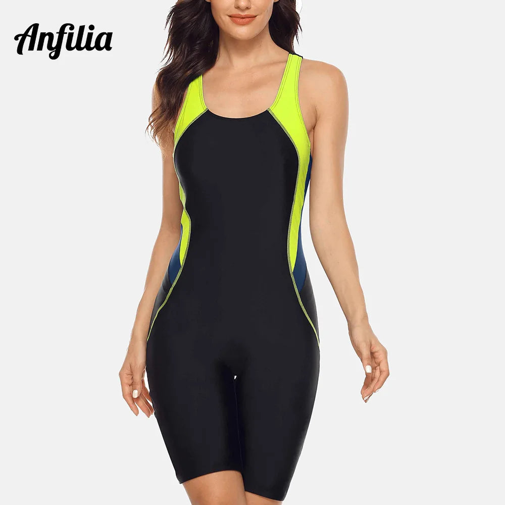 Anfilia One Piece Women Pro Sports Swimwear Boyleg Knee-length Sport Swimsuit Patchwork Beach Wear Bathing Suit