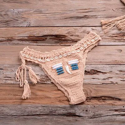 Have Lining Sexy Handmade Crochet Bikini Push Up Swimsuit Triangle Bathing Suit Women Halter Seashell Bikini Set Padded Swimwear