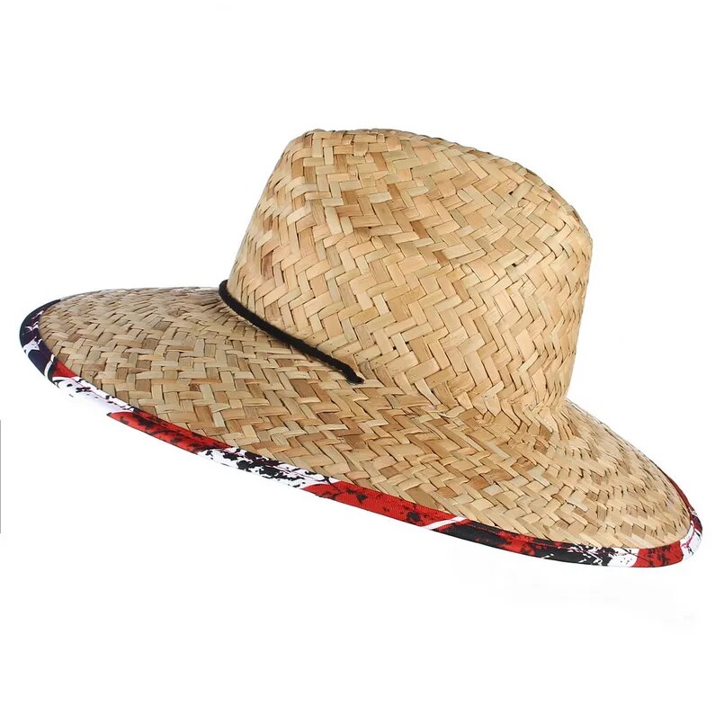 GEMVIE Wide Brim Flag Lifeguard Straw Safari Hat For Men Women Summer Sun Hat with Chin Cord