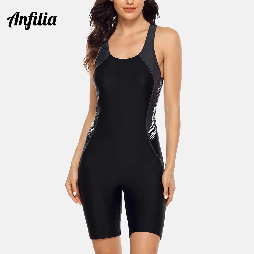 Anfilia One Piece Women Pro Sports Swimwear Boyleg Knee-length Sport Swimsuit Patchwork Beach Wear Bathing Suit