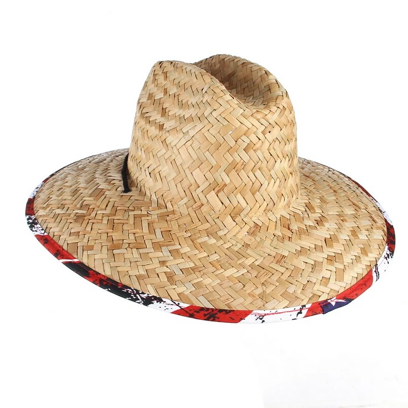 GEMVIE Wide Brim Flag Lifeguard Straw Safari Hat For Men Women Summer Sun Hat with Chin Cord