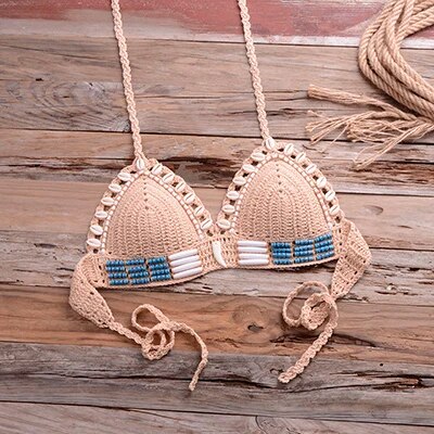 Have Lining Sexy Handmade Crochet Bikini Push Up Swimsuit Triangle Bathing Suit Women Halter Seashell Bikini Set Padded Swimwear