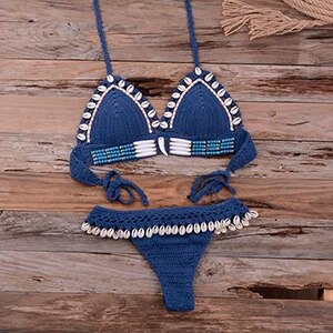 Knitted Bikini Shell Tassel Women Thong Halter Brazilian Biquinis Female Crochet Swimsuit New Swimming Suit Ladies Swimwear