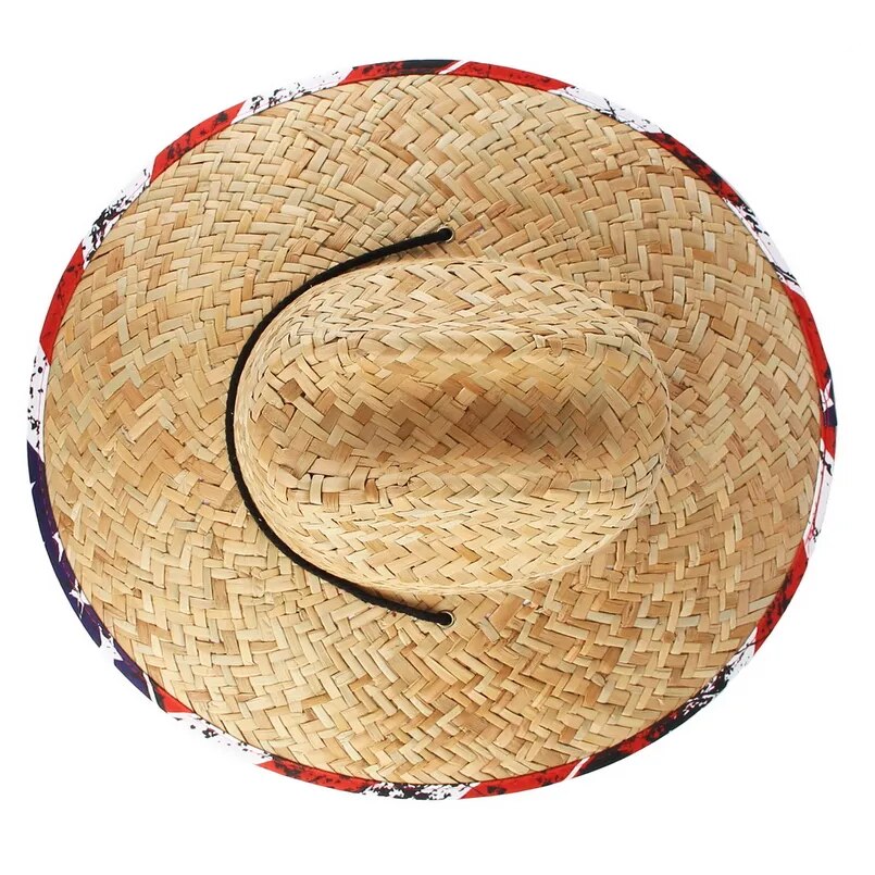 GEMVIE Wide Brim Flag Lifeguard Straw Safari Hat For Men Women Summer Sun Hat with Chin Cord