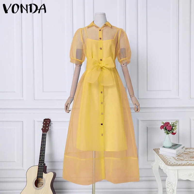 VONDA Summer Beach Dress Women Casual Short Puff Sleeve Lace Bow Long Maxi Sundress Buttons Loose Solid Party Robe 2024 Oversize