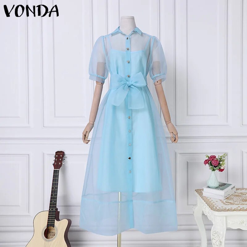 VONDA Summer Beach Dress Women Casual Short Puff Sleeve Lace Bow Long Maxi Sundress Buttons Loose Solid Party Robe 2024 Oversize