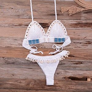 Knitted Bikini Shell Tassel Women Thong Halter Brazilian Biquinis Female Crochet Swimsuit New Swimming Suit Ladies Swimwear