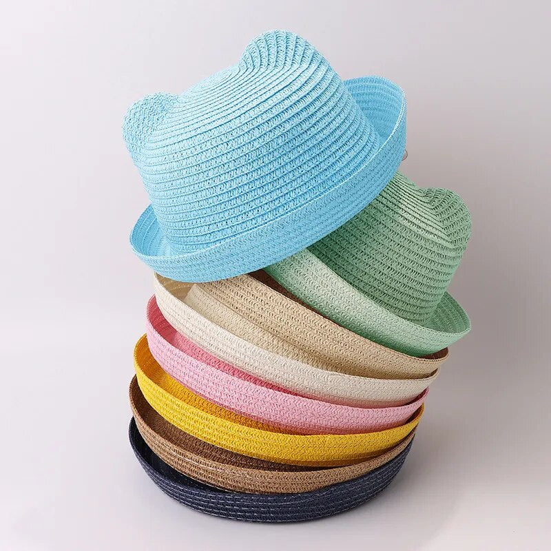 Children's clothing cat ears summer children's bow sun hats men and women dome sunscreen kids beach sun hats fedora hats