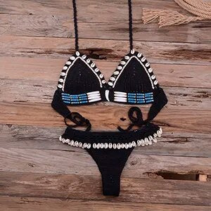 Knitted Bikini Shell Tassel Women Thong Halter Brazilian Biquinis Female Crochet Swimsuit New Swimming Suit Ladies Swimwear