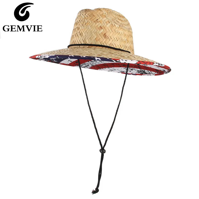 GEMVIE Wide Brim Flag Lifeguard Straw Safari Hat For Men Women Summer Sun Hat with Chin Cord