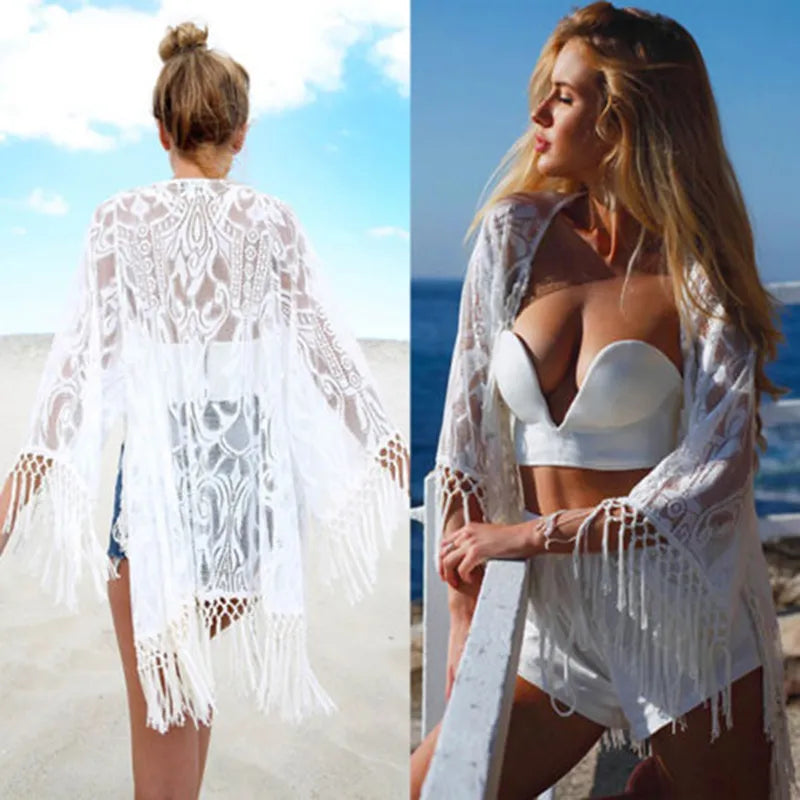 Summer Sexy Lace Crochet Beach Dress Women White See Through Swimwear Swimsuit Cover Up Mini Dresses