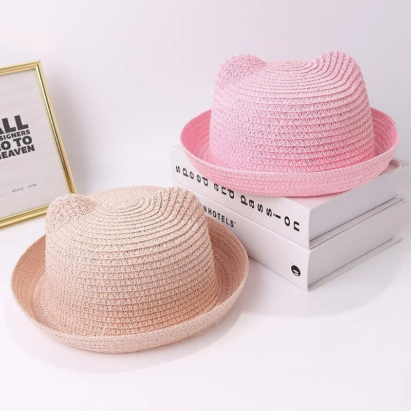 Children's clothing cat ears summer children's bow sun hats men and women dome sunscreen kids beach sun hats fedora hats