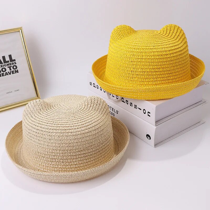 Children's clothing cat ears summer children's bow sun hats men and women dome sunscreen kids beach sun hats fedora hats