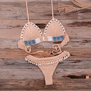 Knitted Bikini Shell Tassel Women Thong Halter Brazilian Biquinis Female Crochet Swimsuit New Swimming Suit Ladies Swimwear