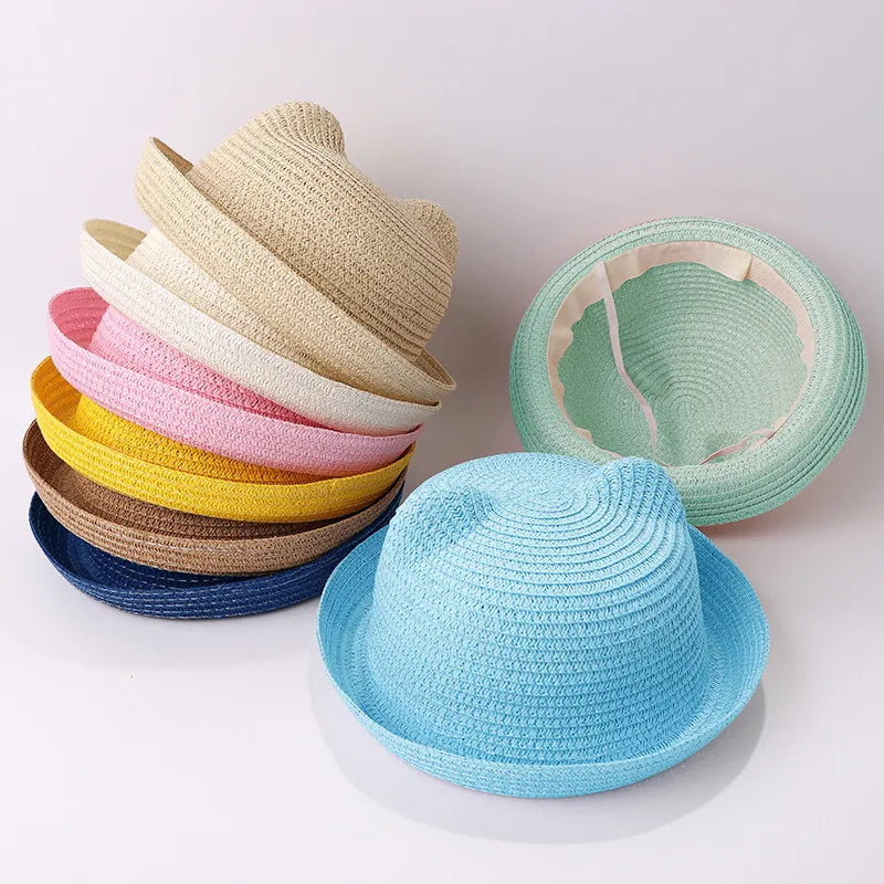 Children's clothing cat ears summer children's bow sun hats men and women dome sunscreen kids beach sun hats fedora hats