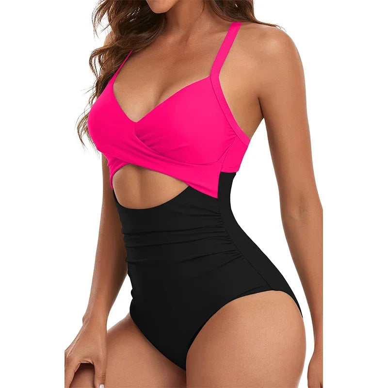 The One Piece Women's Swimsuit features a print backless design, push-up support, and solid bandage ruched details, offering a sexy and stylish option for beachwear.