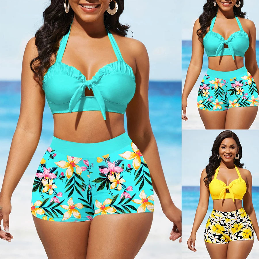 Women's Summer High Quality Fashionable and Sexy Bikini Set with Small Floral Print Bow Swimsuit Beach Two-piece Set S-5XL