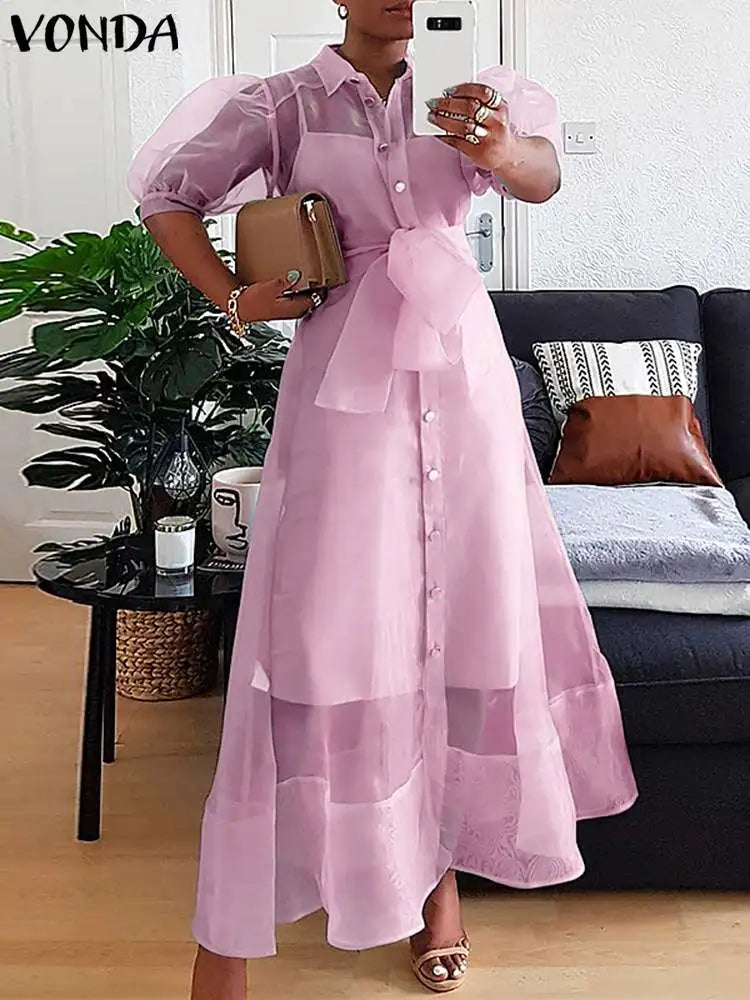 VONDA Summer Beach Dress Women Casual Short Puff Sleeve Lace Bow Long Maxi Sundress Buttons Loose Solid Party Robe 2024 Oversize