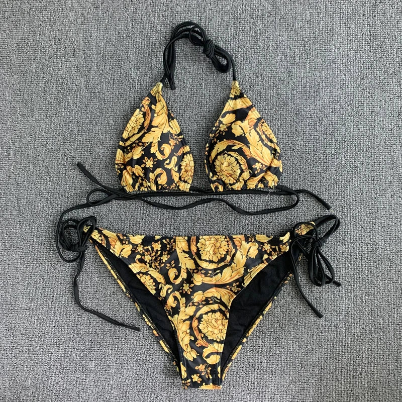 New Sexy Swimsuit Golden Floral Print Two Piece Bikini Female Brazilian Bather Bathing Suit 2024 Women Swimwear Beach biquínis