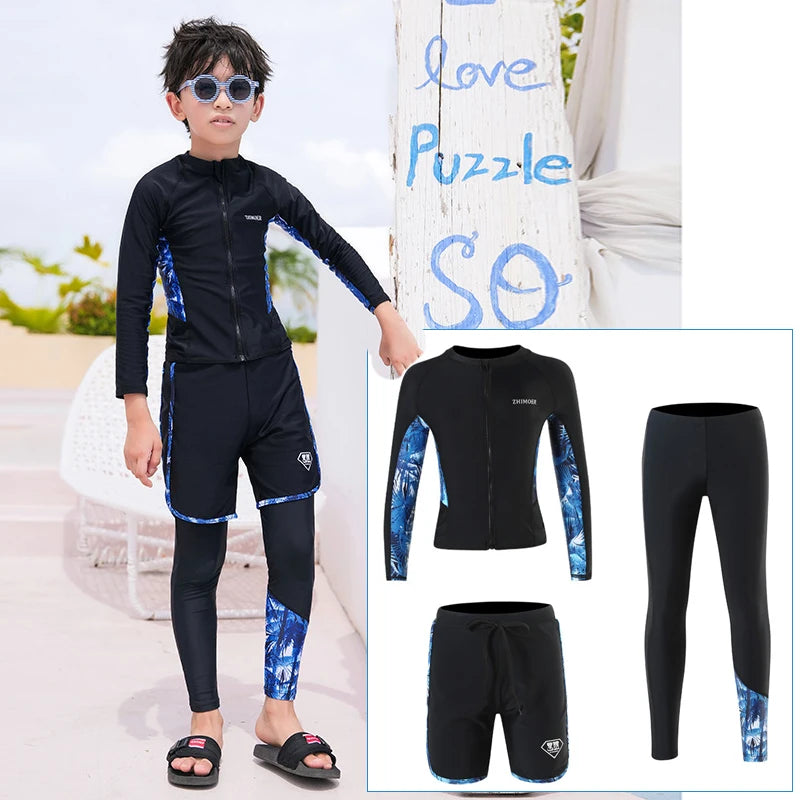 Boys Youth Three Piece Rash Guard Long Sleeve Zipper Hoodie Shirt and Pants Athletic Surfing Swimsuit Bathing Suits Kid Swimwear