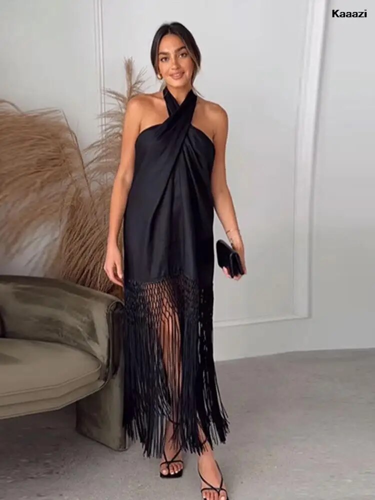 Sexy Halter Dress Women Black Tassel Backless Linen Sleeveless Female Dresses 2024 Summer Fashion Beach Long Lady Vestidos