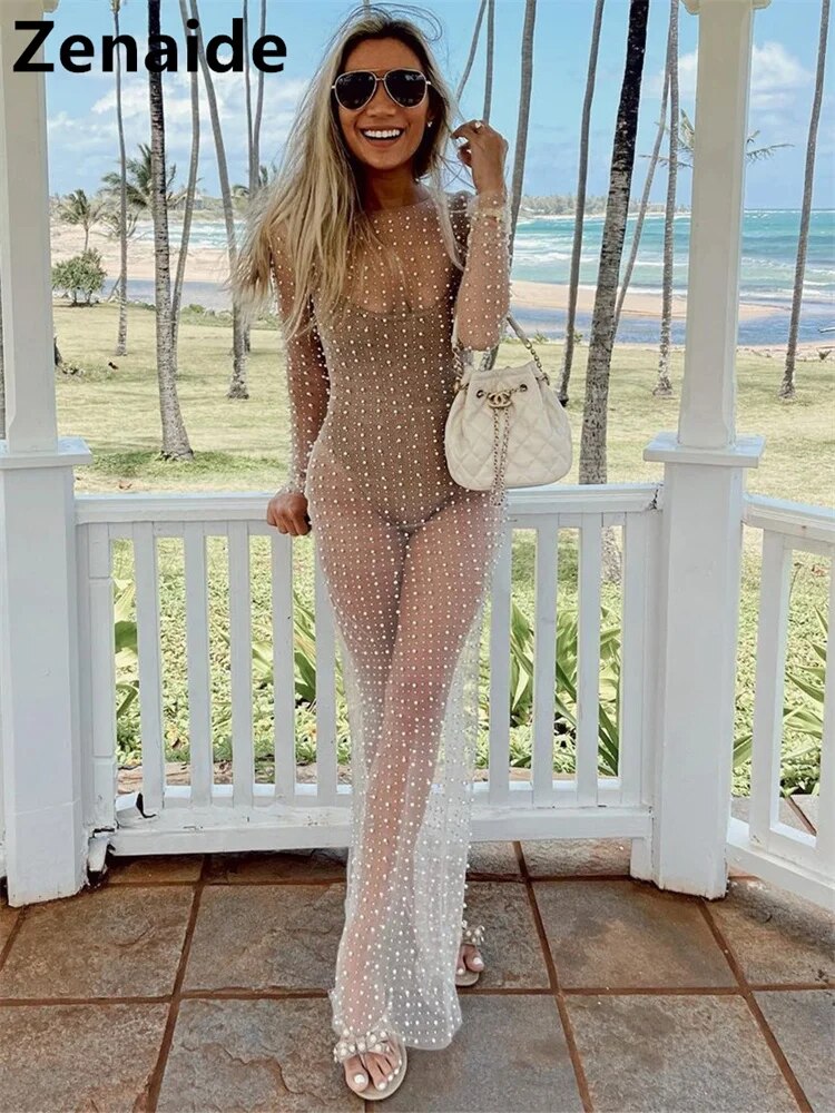 Zenaide 2024 See Through Mesh Dress Diamonds Pearl Long Sleeve Summer Sexy Bodycon Maxi Dresses Women Y2K Party Club Beach Cloth