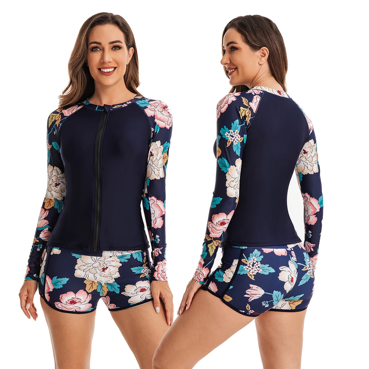 Women's Rash Guards Sun UV Protection Shirt Long Sleeve Padded Top Low Waist Bikini Swimsuit Bathing Suit Two Pieces Swimwears