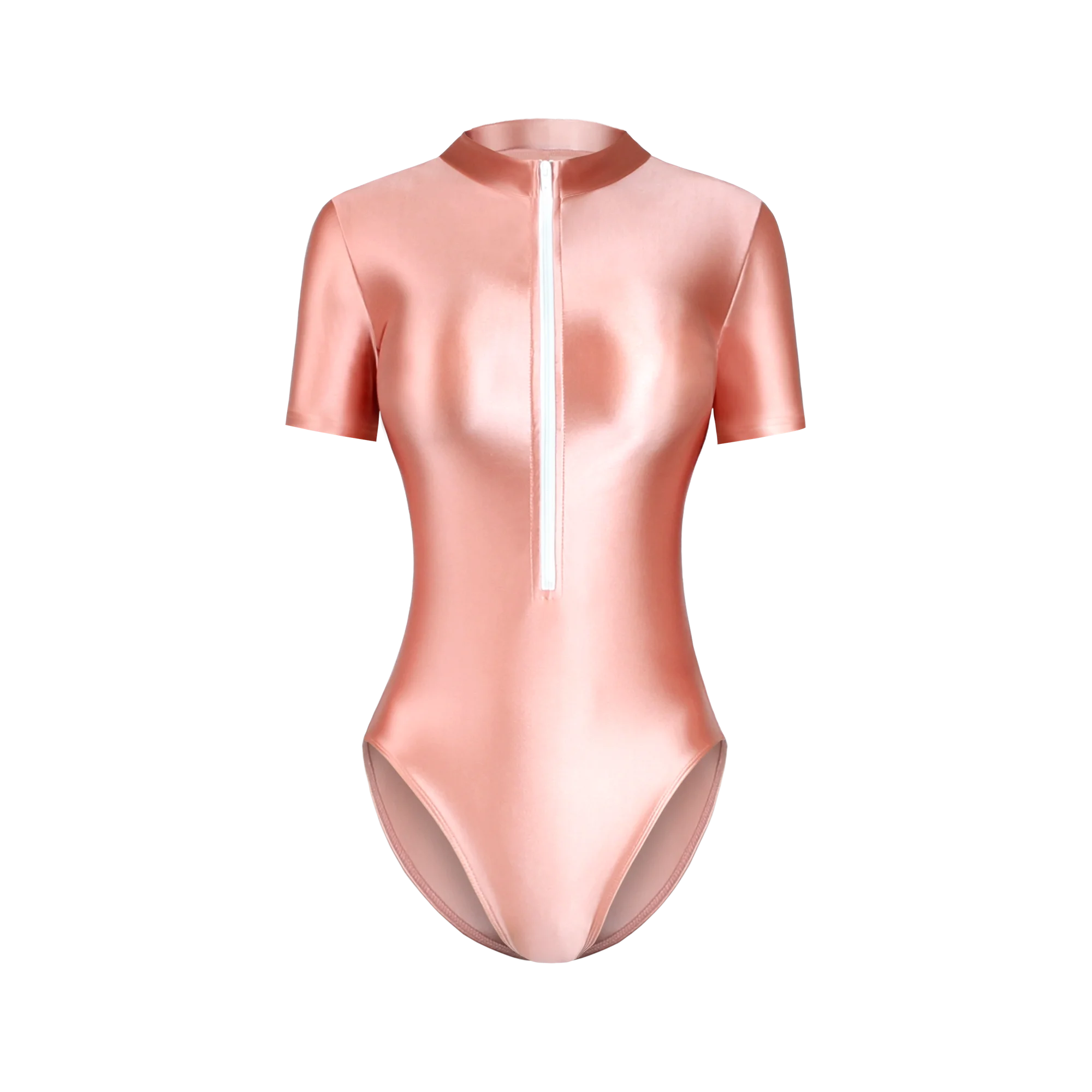 Sexy satin glossy tights oily smooth front zipper short sleeve High fork one piece swimsuit women Shiny Yoga sportswear BODYSUIT