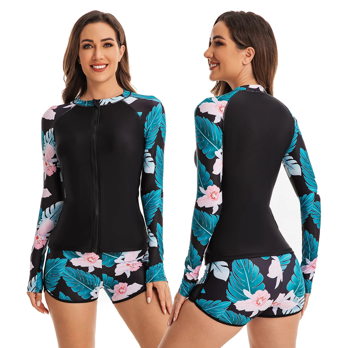 Women's Rash Guards Sun UV Protection Shirt Long Sleeve Padded Top Low Waist Bikini Swimsuit Bathing Suit Two Pieces Swimwears