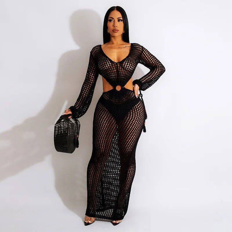 2024 Sexy Knit Mesh Cut Out Deep V Neck Long-sleeve Lace-up Fringe Tunic Summer Women  Swimsuit Cover-ups Beach Maxi Dress A2342