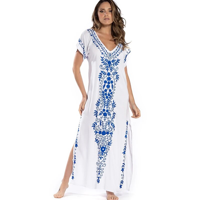 New Cover-up Beach Maxi Dress 2024 Robe De Plage Embroidery Beach Cover Up Sarong Women Beach Pareo Tunic For Beach Swimwear