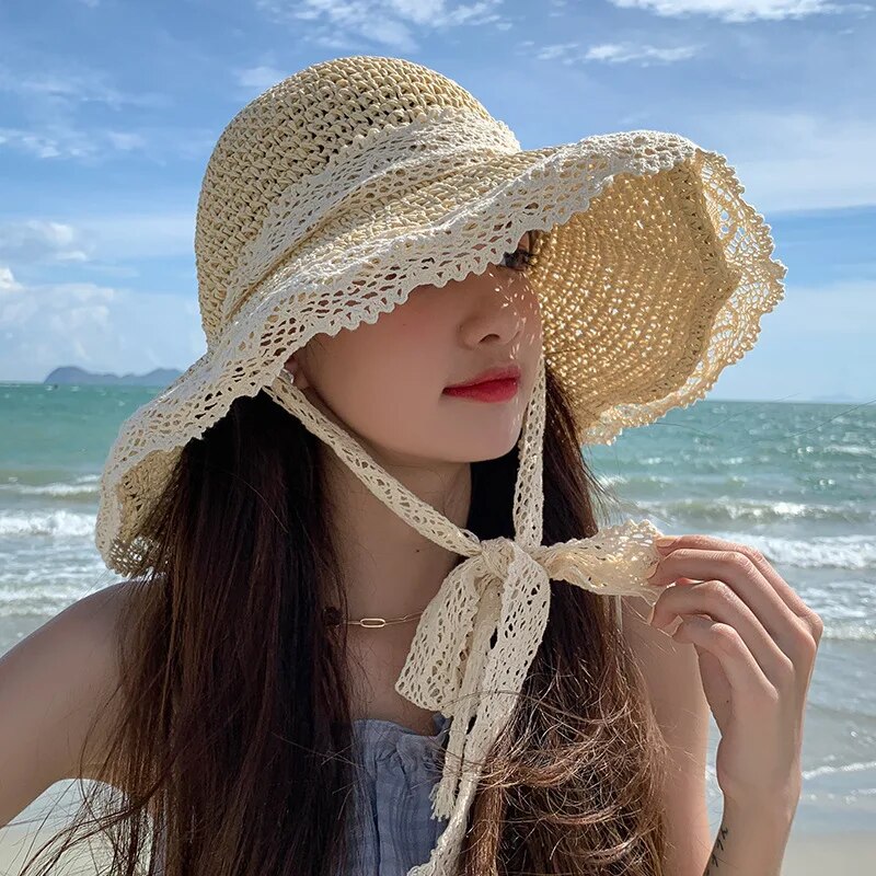 New Summer Fashion Straw Hat Women Foldable Wide Large Brim Plage Beach Sun Hat Chapeau Femme UV Protection Cap 여름모자 Gorras