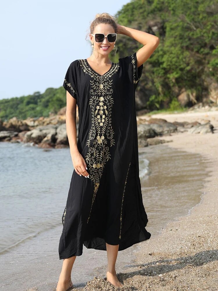 New Cover-up Beach Maxi Dress 2024 Robe De Plage Embroidery Beach Cover Up Sarong Women Beach Pareo Tunic For Beach Swimwear