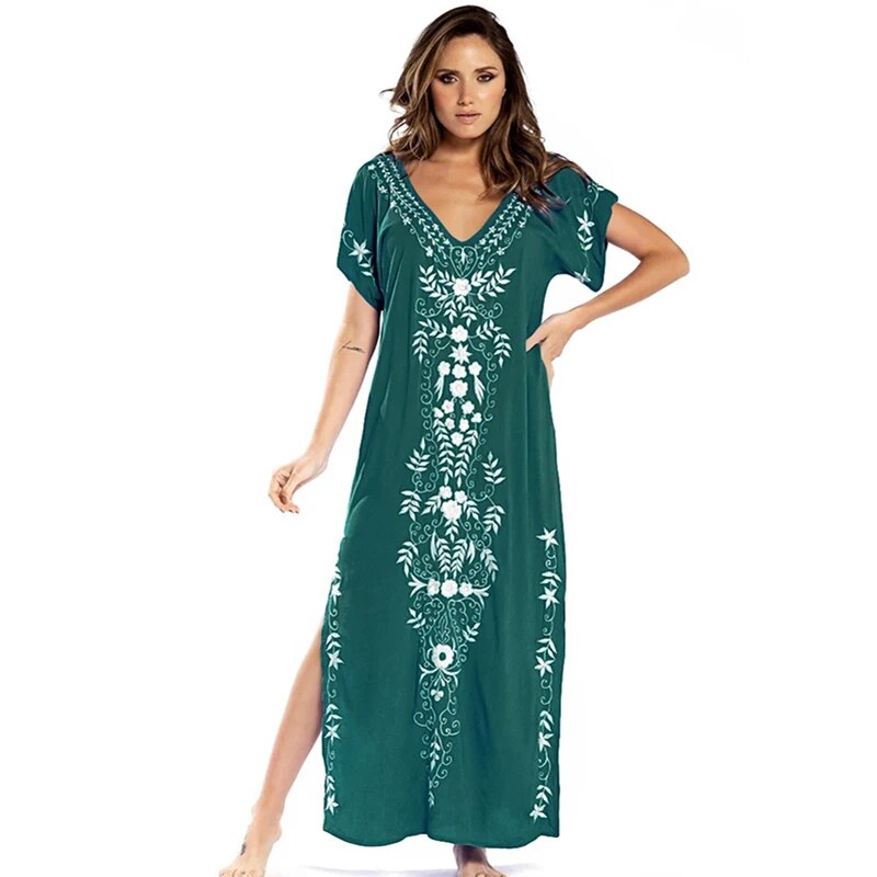 New Cover-up Beach Maxi Dress 2024 Robe De Plage Embroidery Beach Cover Up Sarong Women Beach Pareo Tunic For Beach Swimwear