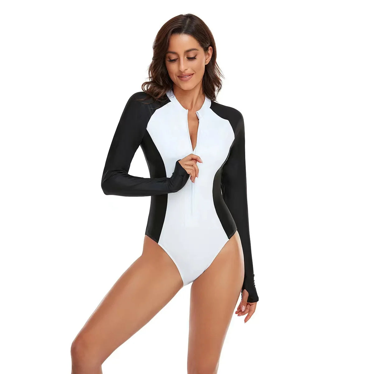 Solid Color One-Piece Swimsuit Long Sleeve Swimwear Sports Women's Swimming Bathing Suit Beach Bather Surfing Swim Wear