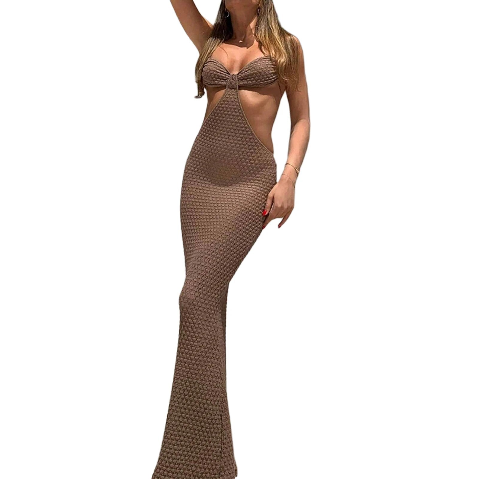 wsevypo Halter Maxi Bodycon Women Dress 2022 Summer Sexy Hollow Out Backless Wrapped Long Party Dresses Club Beach Sundress