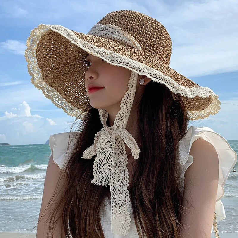 New Summer Fashion Straw Hat Women Foldable Wide Large Brim Plage Beach Sun Hat Chapeau Femme UV Protection Cap 여름모자 Gorras