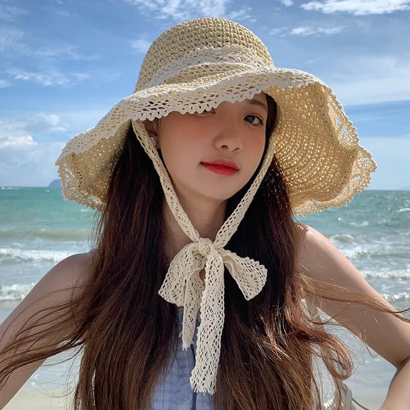 New Summer Fashion Straw Hat Women Foldable Wide Large Brim Plage Beach Sun Hat Chapeau Femme UV Protection Cap 여름모자 Gorras