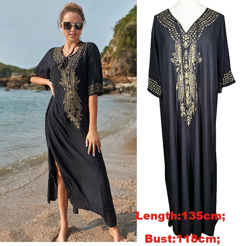 New Cover-up Beach Maxi Dress 2024 Robe De Plage Embroidery Beach Cover Up Sarong Women Beach Pareo Tunic For Beach Swimwear