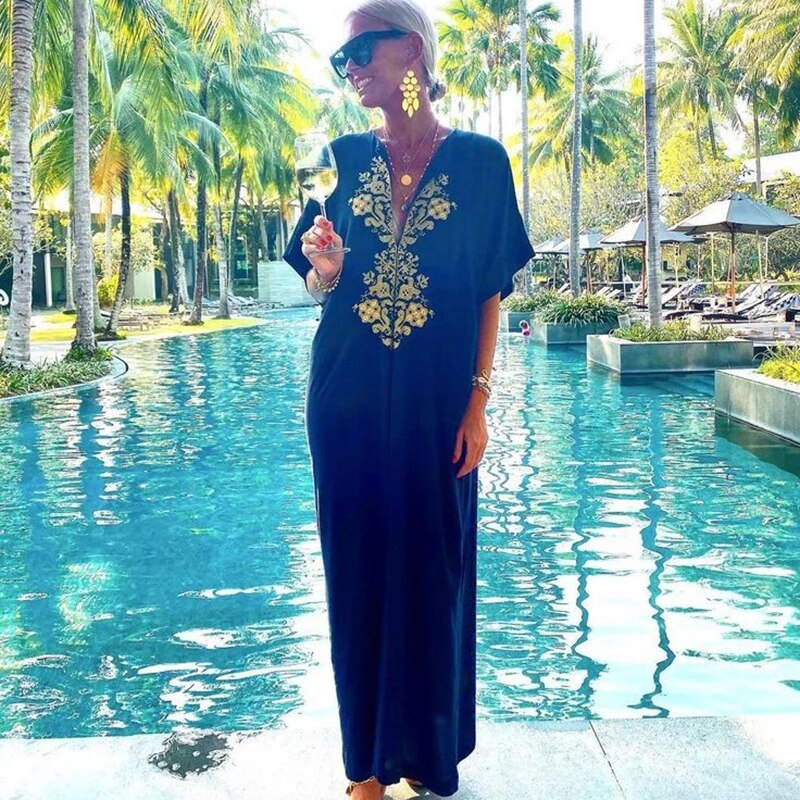 New Cover-up Beach Maxi Dress 2024 Robe De Plage Embroidery Beach Cover Up Sarong Women Beach Pareo Tunic For Beach Swimwear