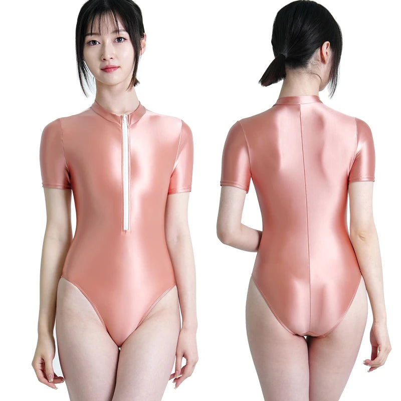 Sexy satin glossy tights oily smooth front zipper short sleeve High fork one piece swimsuit women Shiny Yoga sportswear BODYSUIT