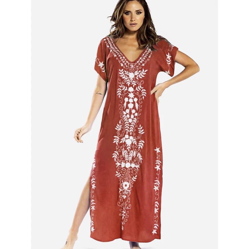 New Cover-up Beach Maxi Dress 2024 Robe De Plage Embroidery Beach Cover Up Sarong Women Beach Pareo Tunic For Beach Swimwear