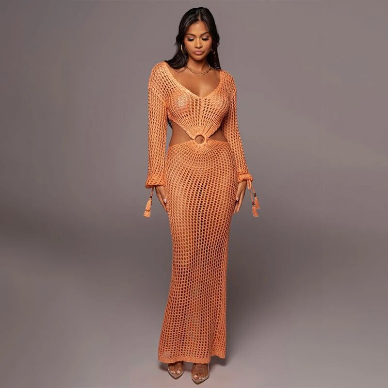 2024 Sexy Knit Mesh Cut Out Deep V Neck Long-sleeve Lace-up Fringe Tunic Summer Women  Swimsuit Cover-ups Beach Maxi Dress A2342